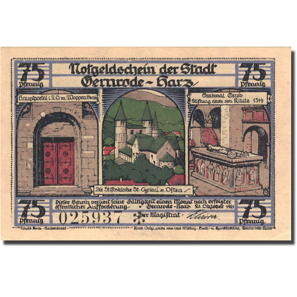 Banknote, Germany, Gernrode a. H., 75 Pfennig, château, 1921 UNC(63) Mehl 423.4a