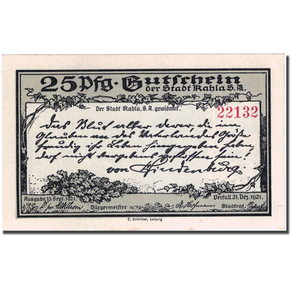 Banconote, Germania, Kahla, 25 Pfennig château, 1921, 1921-12-31 SPL Mehl 668.6b