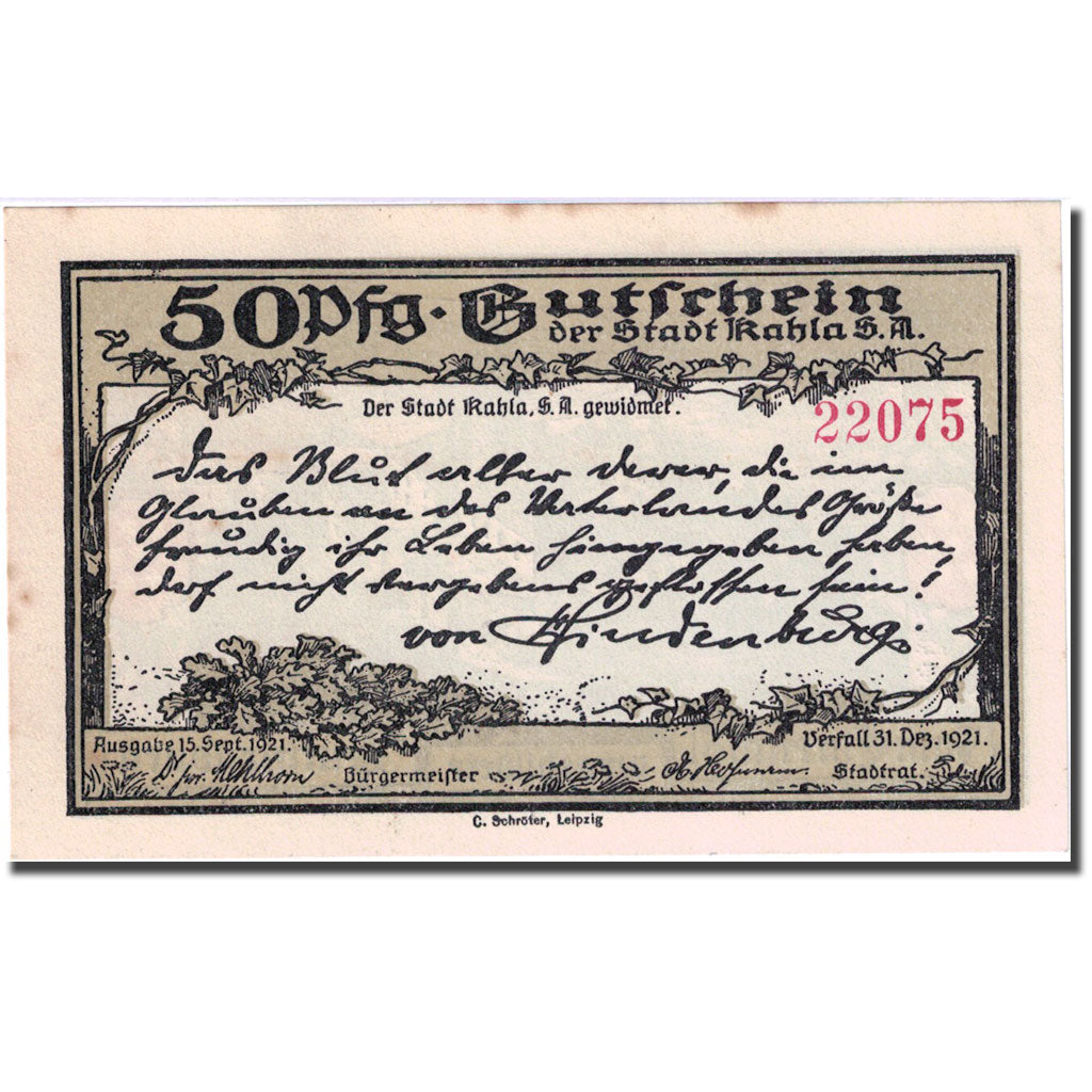Banknote, Germany, Kahla, 50 Pfennig, château 1921-12-31 AU(55-58) Mehl 668.6b