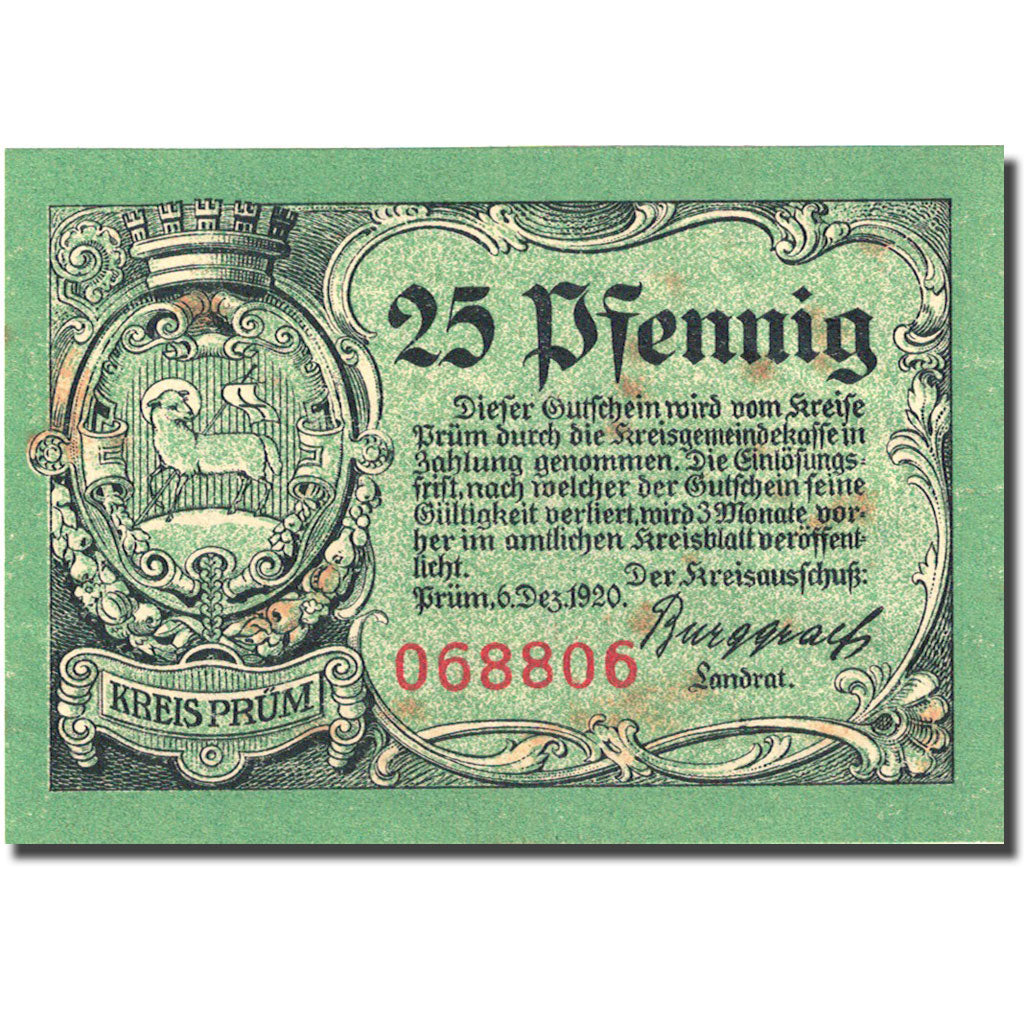 Banknote, Germany, Schönecken, 25 Pfennig, château, 1920 UNC(63) Mehl 1198.1