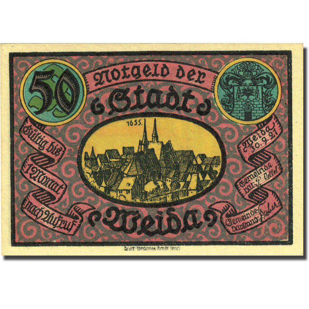 Banknote, Germany, Weida, 50 Pfennig, Eglise 1921-09-30, UNC(63) Mehl 1391.2