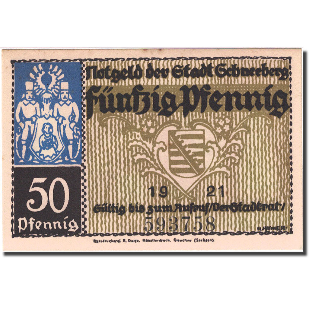 Banknote, Germany, Schneeberg, 50 Pfennig personnage, 1921, UNC(63) Mehl 1190.1a