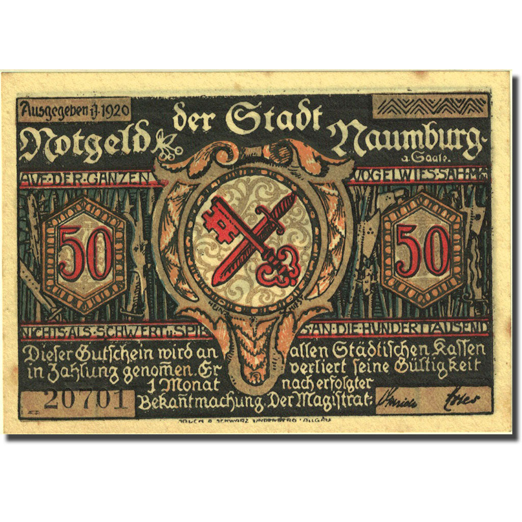 Nota, Alemanha, Naumburg, 50 Pfennig, personnage, 1920, AU(55-58), Mehl:928.2a