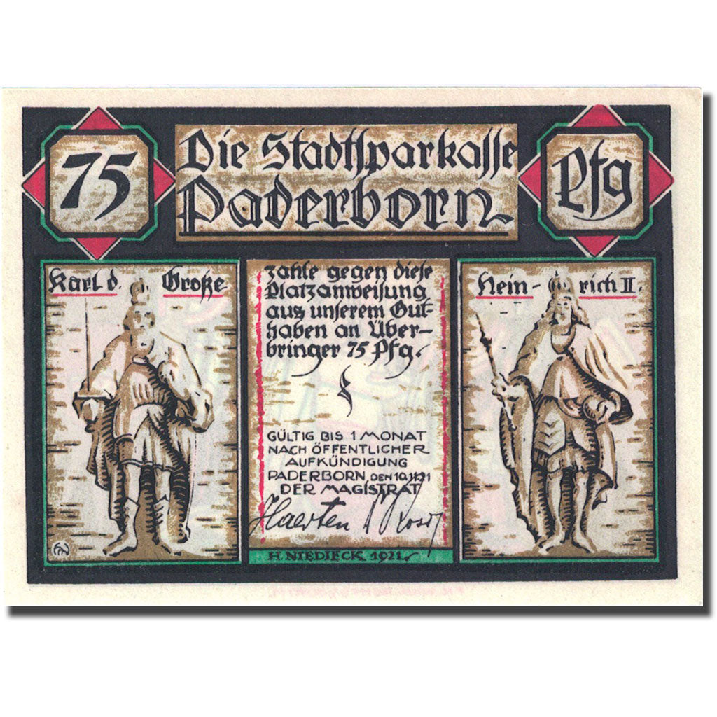 Banknote, Germany, Paderborn, 75 Pfennig, personnage 1, 1921 UNC(63) Mehl 1043.2