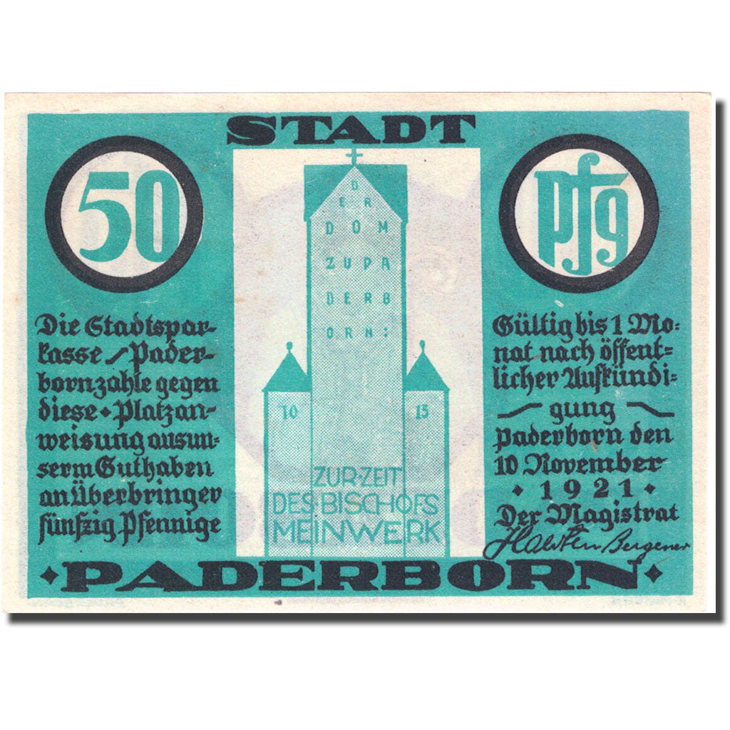 Banknote, Germany, Paderborn, 50 Pfennig, château 1921-11-10 UNC(63) Mehl 1043.1