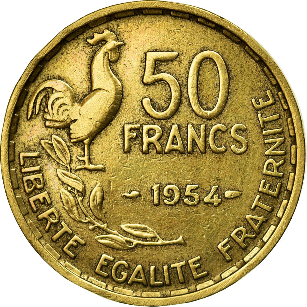 Coin, France, Guiraud, 50 Francs, 1954, EF(40-45), Aluminum-Bronze, KM:918.1