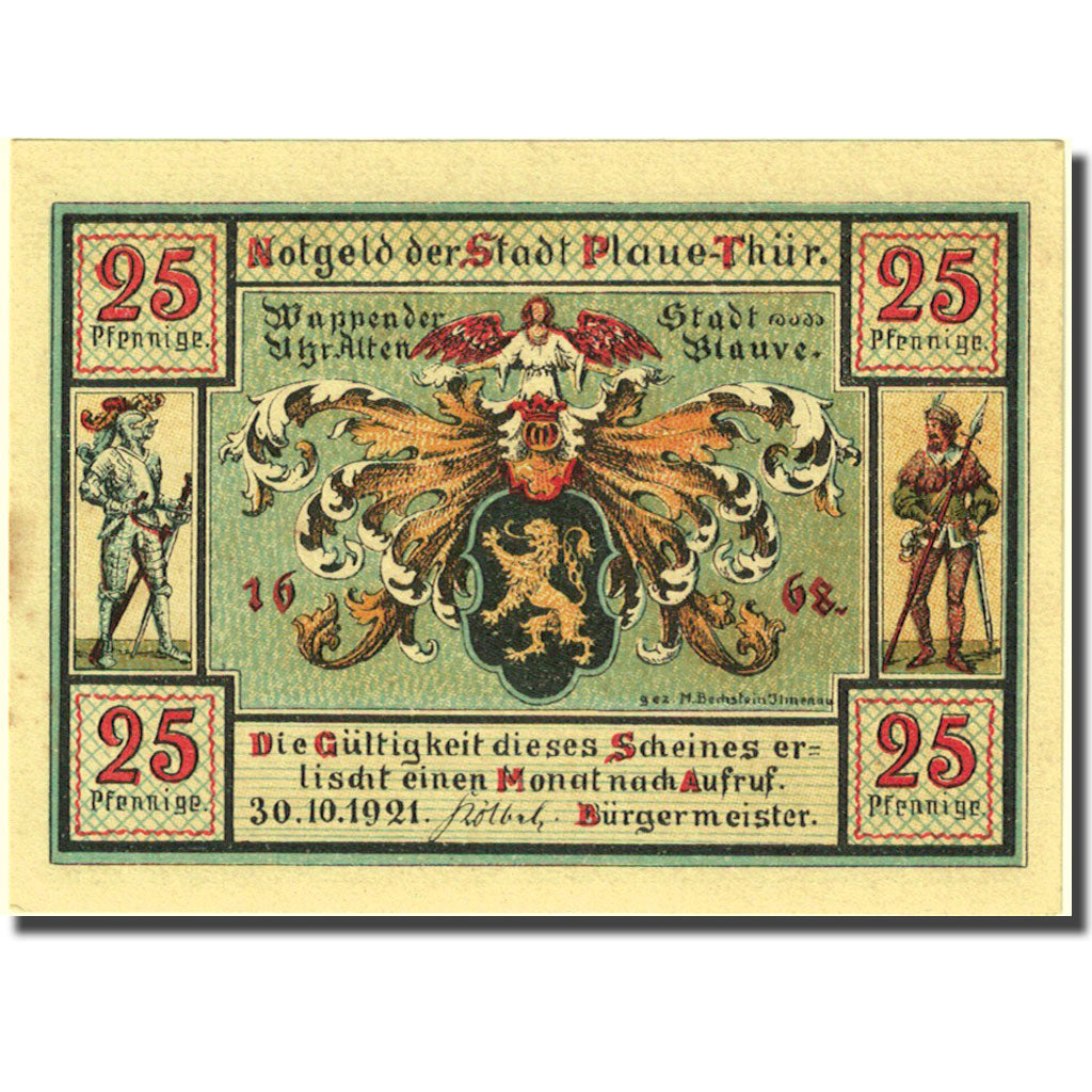 Banknote, Germany, Plaue Thür, 25 Pfennig, faïence, 1921 UNC(63) Mehl 1062.1