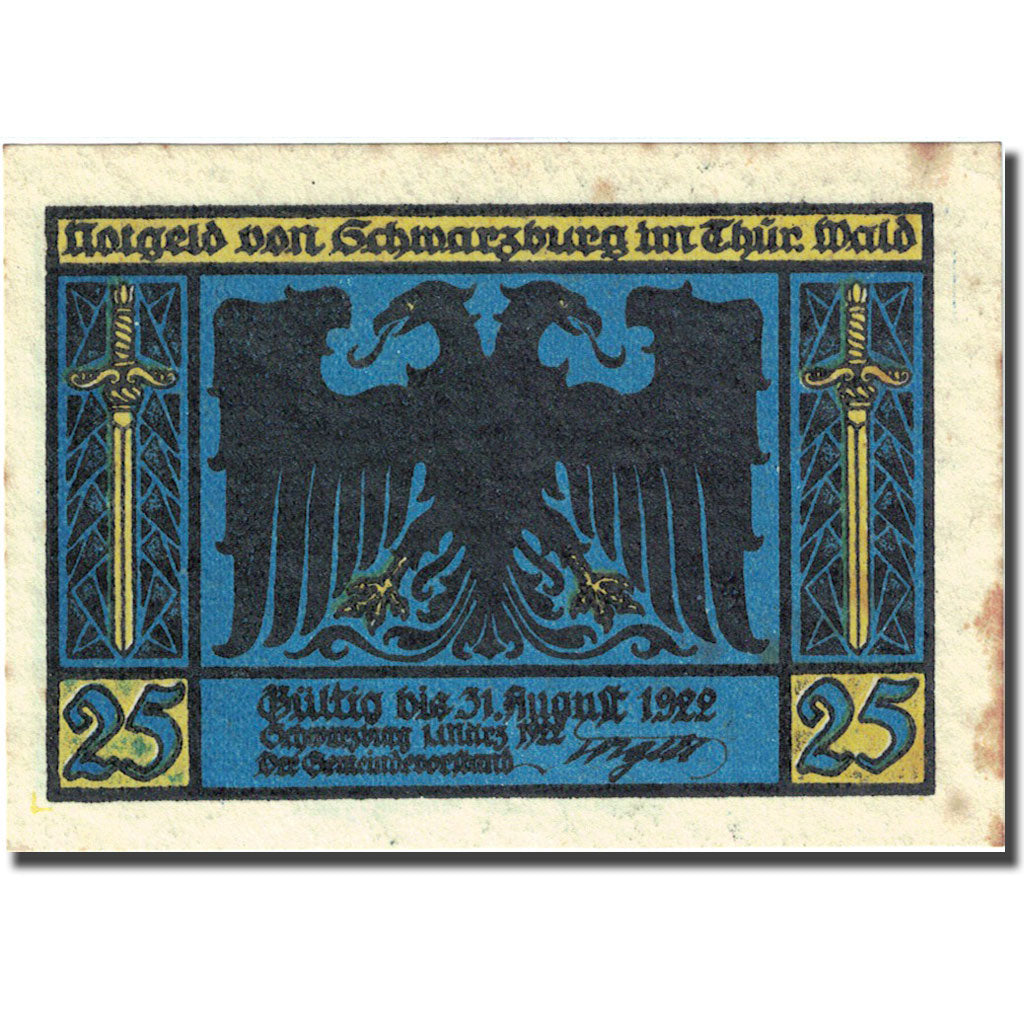 Nota, Alemanha, schwarzburg, 25 Pfennig, ferme 1922-08-31 AU(55-58) Mehl 1208.2