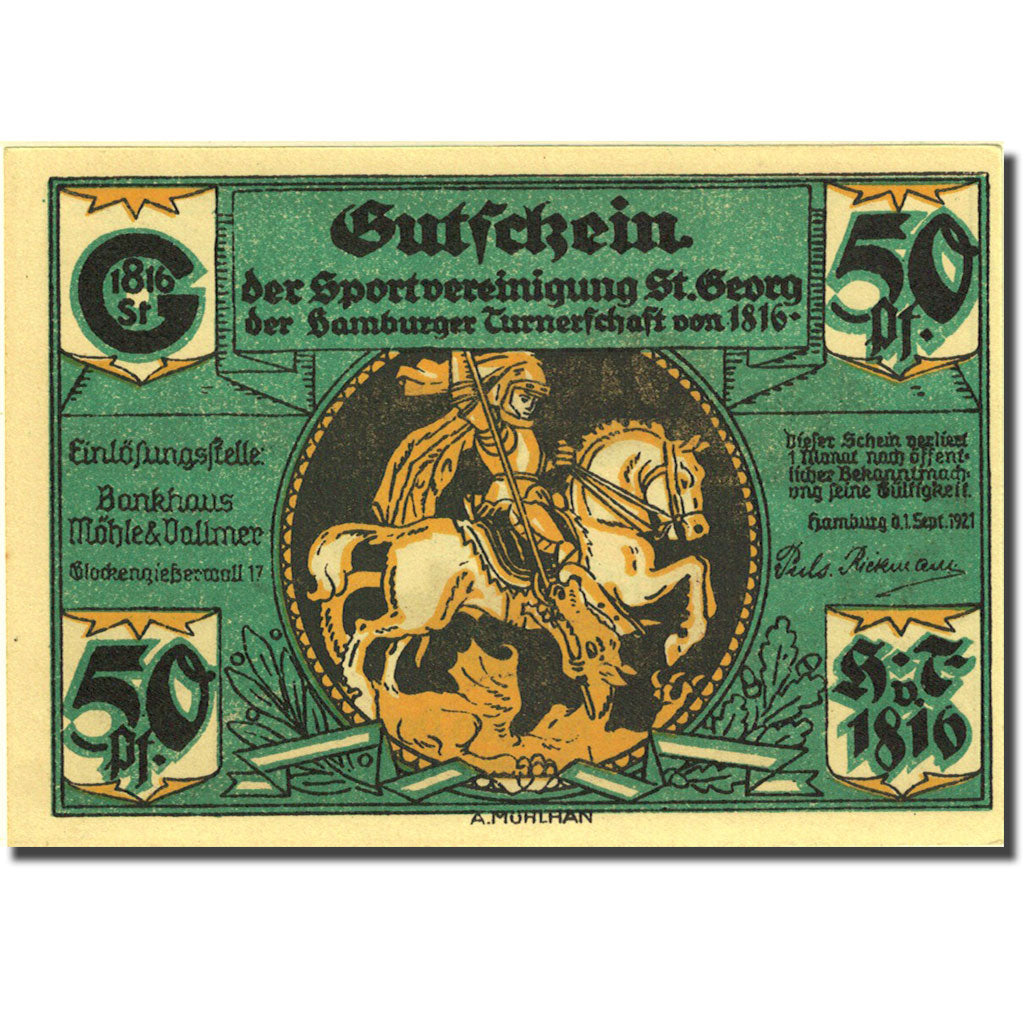 Banknote, Germany, Hamburg, 50 Pfennig, paysage, 1921 UNC(63) Mehl 552.1