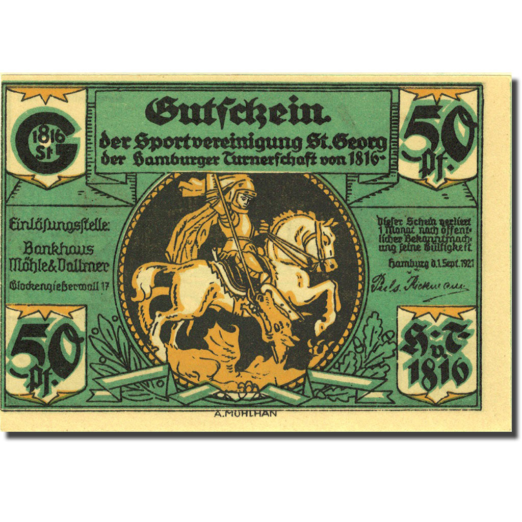 Banknote, Germany, Hamburg, 50 Pfennig, bateau, 1921 UNC(63) Mehl 552.1
