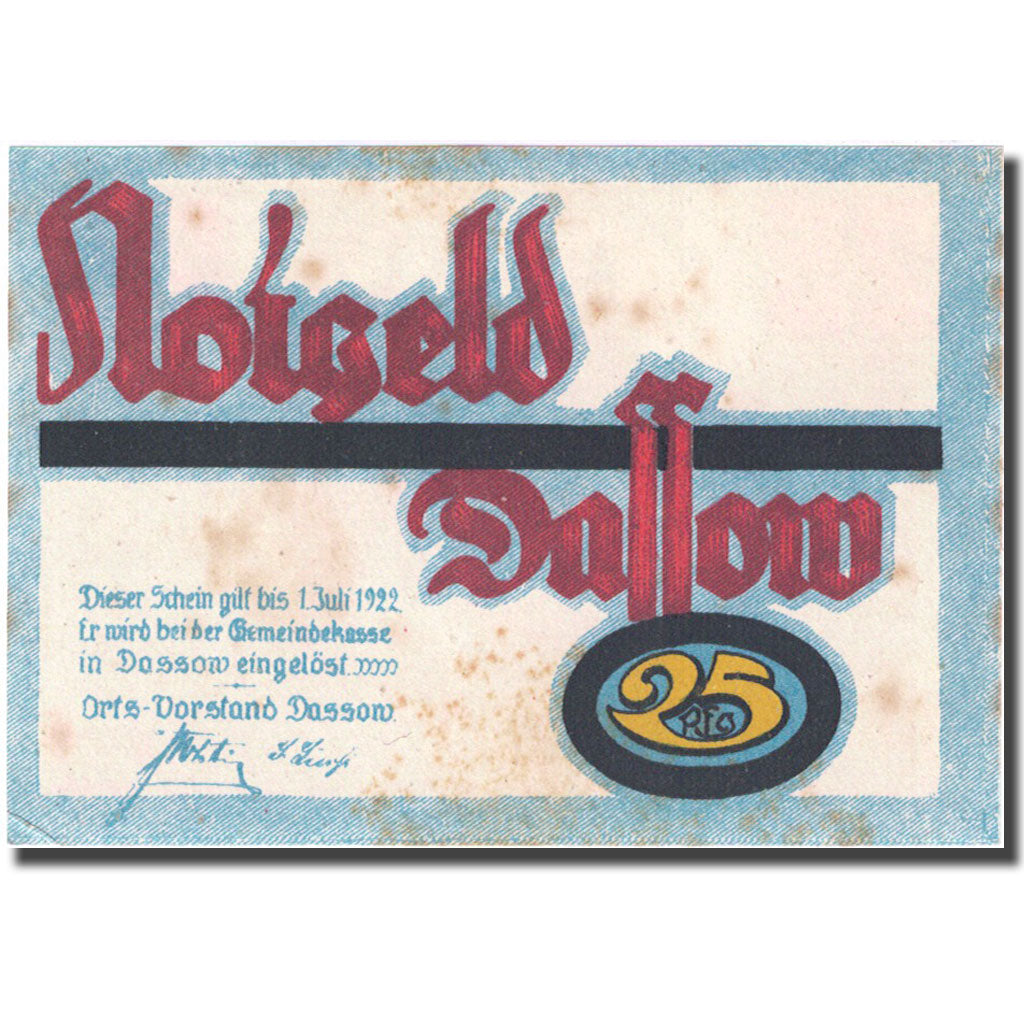 Banknote, Germany, Dassow, 25 Pfennig, pêcheur, 1922 AU(55-58) Mehl 260.2