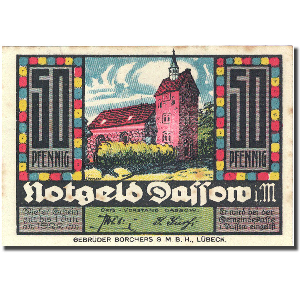 Banknote, Germany, Dassow, 50 Pfennig, Eglise, 1922 AU(55-58) Mehl 260.2
