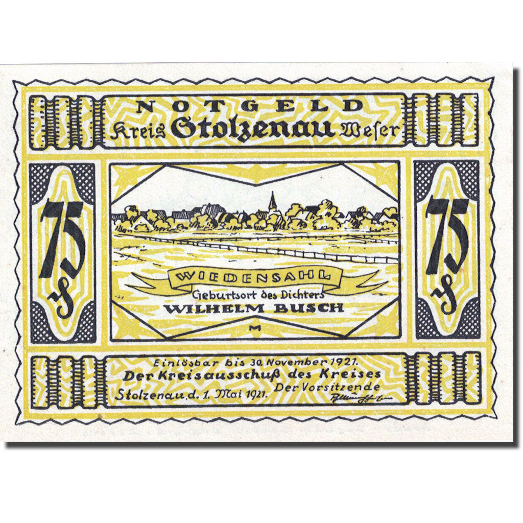 Banknote, Germany, Stolzenau, 75 Pfennig, personnage, 1921 UNC(63) Mehl 1276.1
