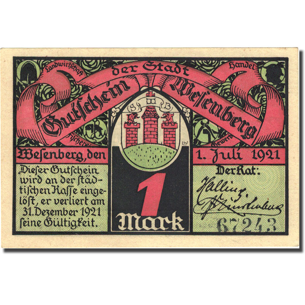 Banknote, Germany, Wesenberg, 1 Mark, personnage 1921-07-01 UNC(63) Mehl 1410.1b