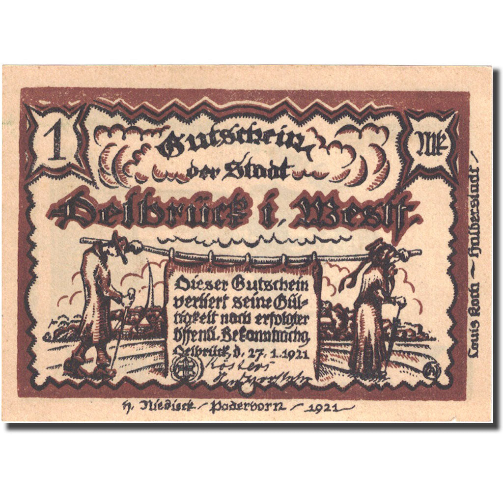 Nota, Alemanha, Delbrück, 1 Mark, personnage 1, 1921-01-27, UNC(63) Mehl 261.1