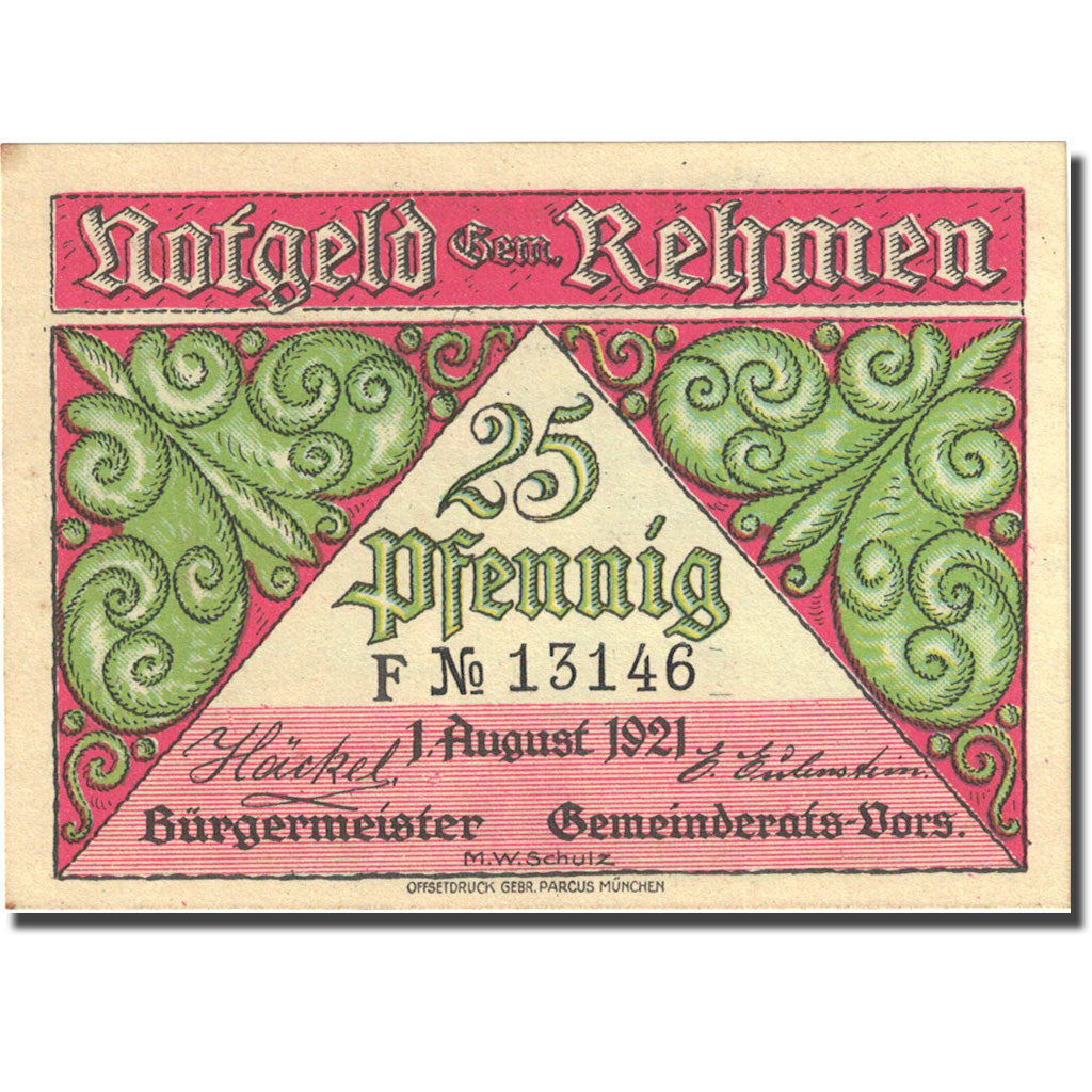 Banconote, Germania, Rehmen, 25 Pfennig, étang 1921, 1921-08-01, SPL Mehl 1108.1