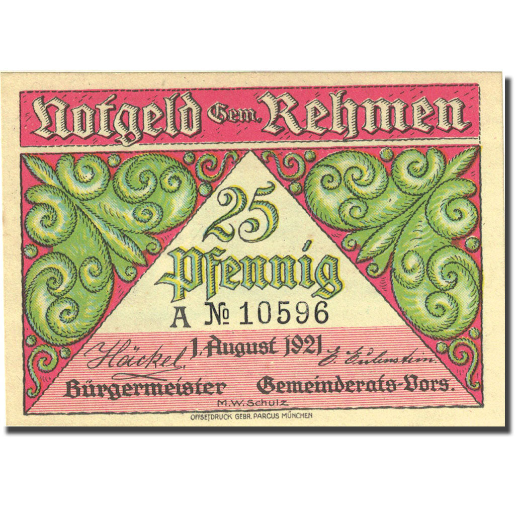 Banknote, Germany, Rehmen, 25 Pfennig, berger 1921-08-01 UNC(64) Mehl 1108.1