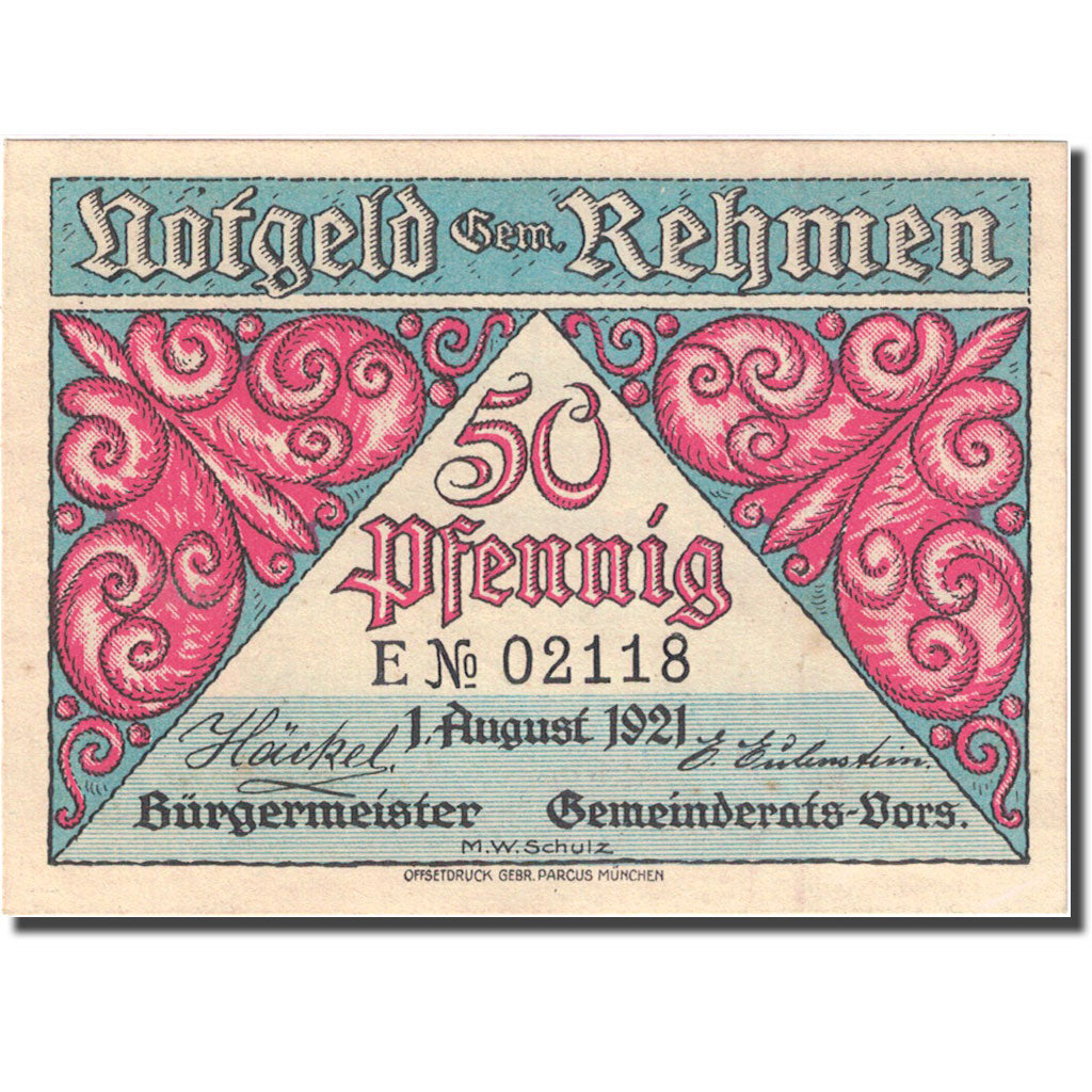 Banknote, Germany, Rehmen, 50 Pfennig, étang, 1921 pink UNC(60-62) Mehl 1108.1