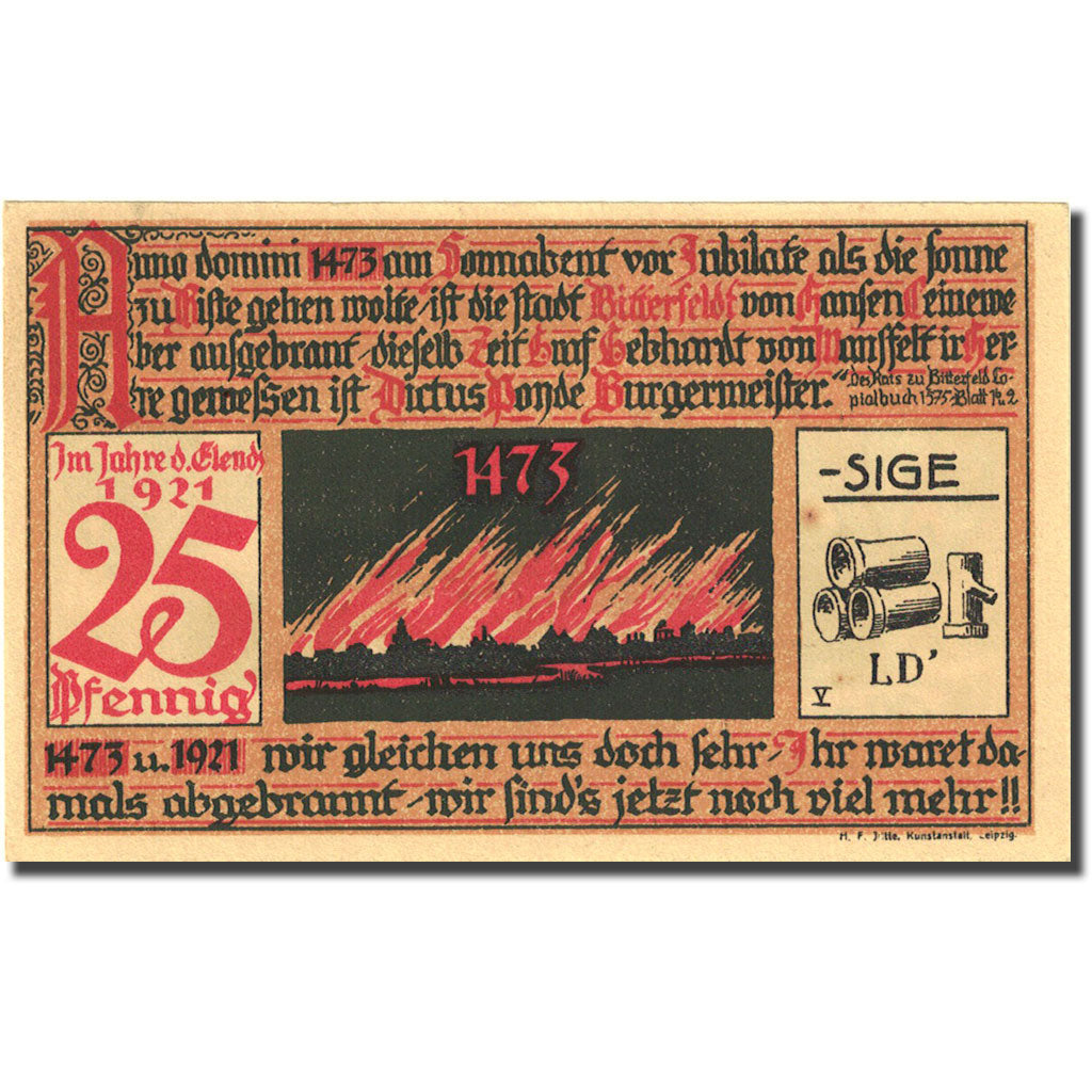 Banknote, Germany, Bitterfeld, 25 Pfennig, Incendie, 1921, UNC(63), Mehl:111.1