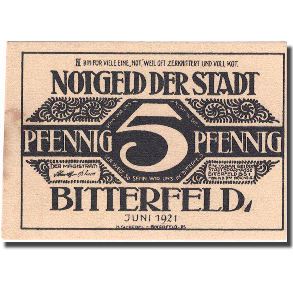 Billet, Allemagne, Bitterfeld, 5 Pfennig, valeur faciale, 1921, SPL, Mehl:111.2