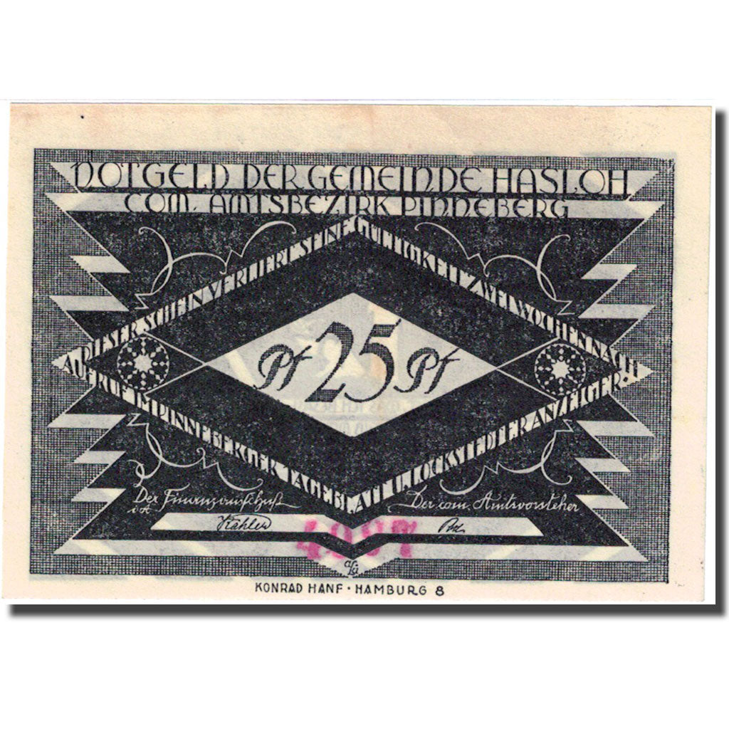 Banknote, Germany, Hasloh, 25 Pfennig, personnage, 1921, UNC(63), Mehl:584.1