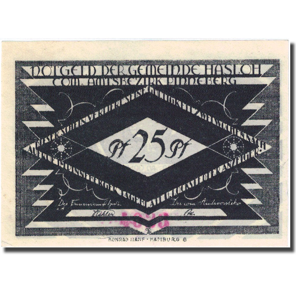 Banconote, Germania, Hasloh, 25 Pfennig, personnage 1, 1921, SPL, Mehl:584.1
