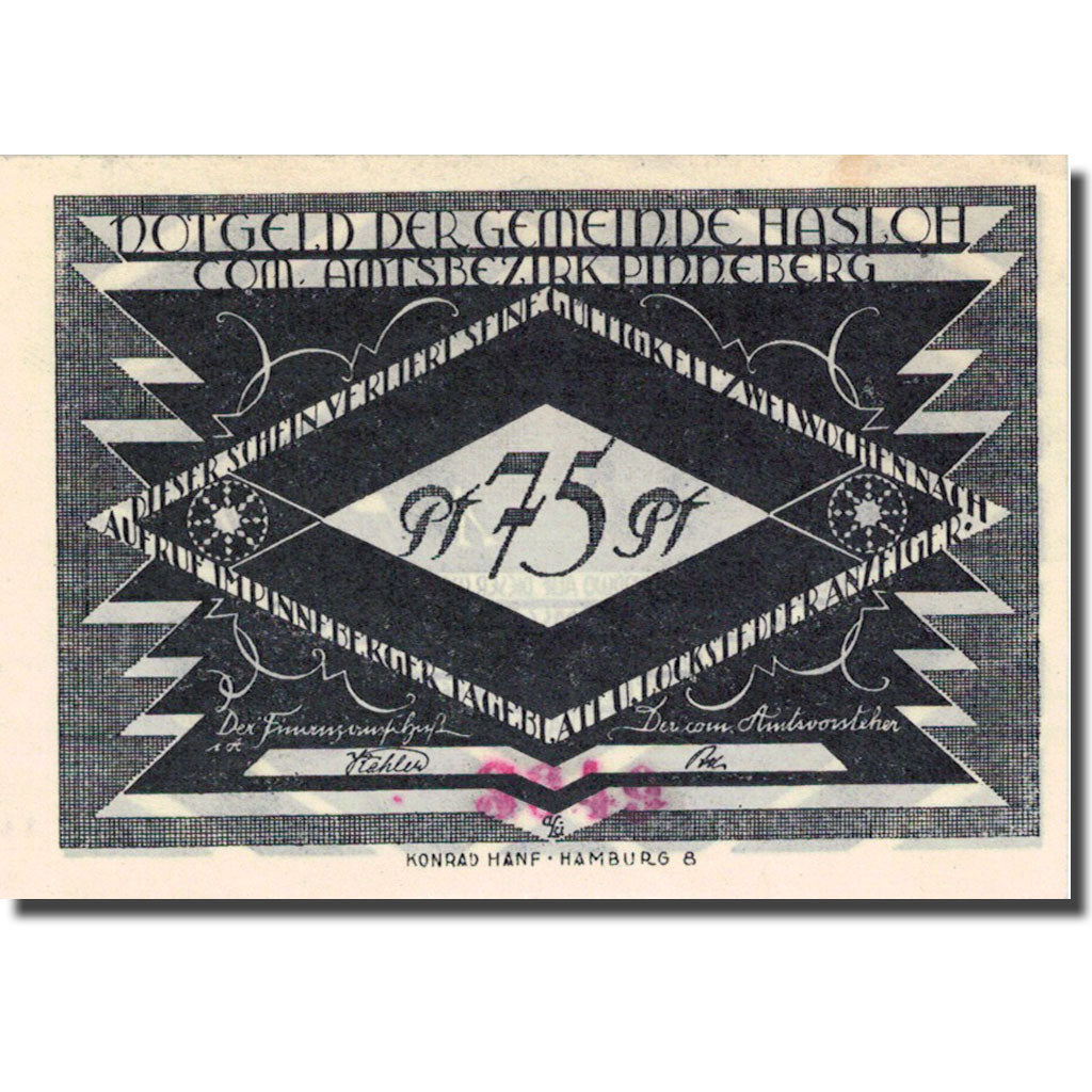 Banknote, Germany, Hasloh, 75 Pfennig, personnage 1, 1921, UNC(63), Mehl:584.1