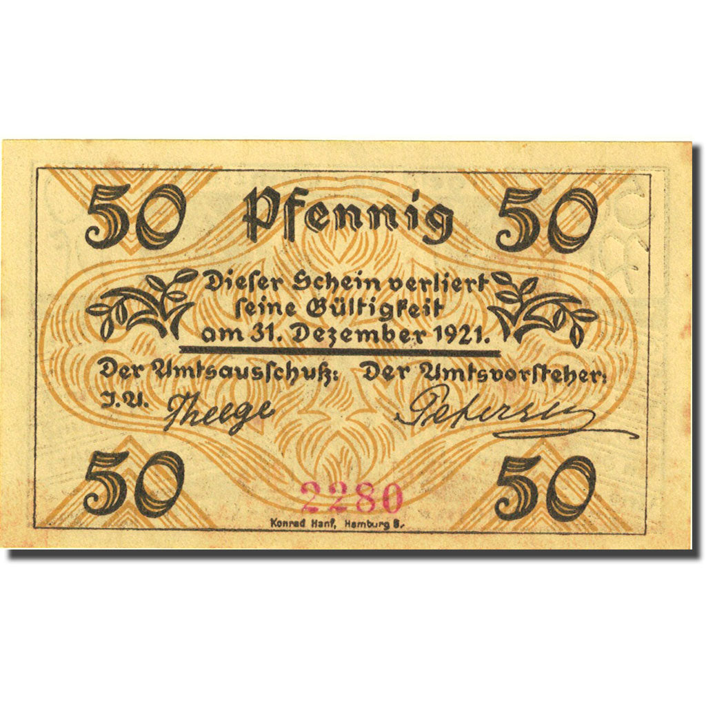 Banknote, Germany, Klein-Nordende-Lieth 50 Pfennig Usine 1921 UNC(63) Mehl 706.1