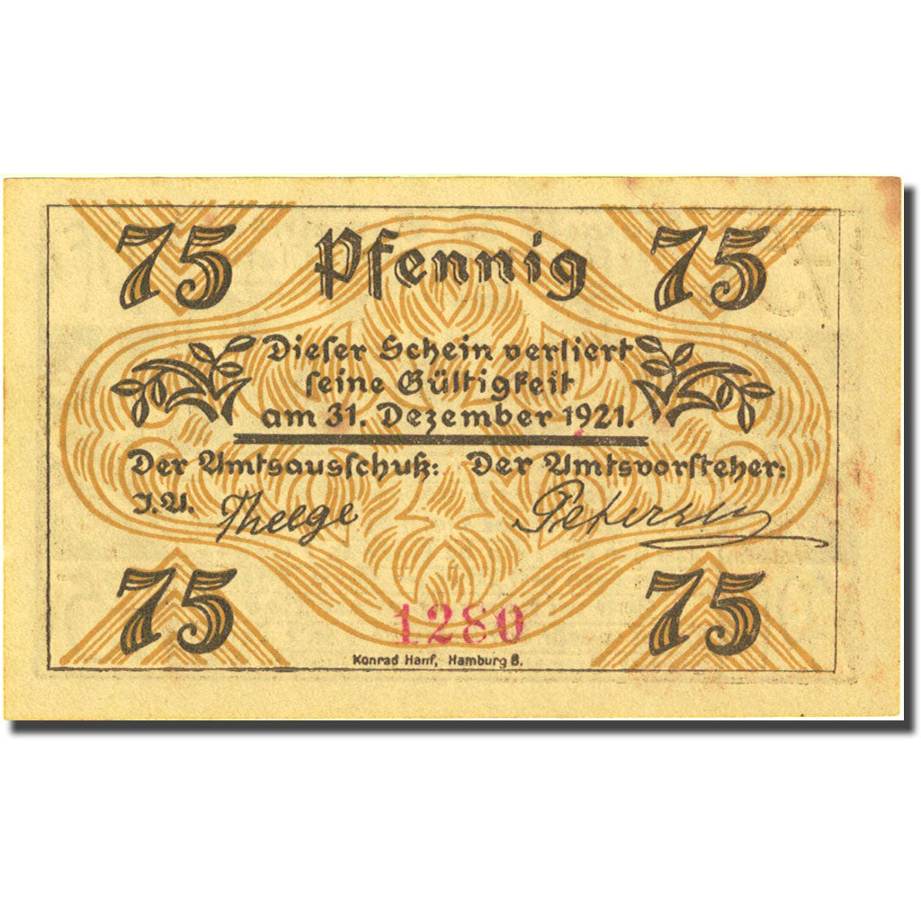 Banknote, Germany, Klein-Nordende-Lieth, 75 Pfennig 1921 AU(55-58) Mehl 706.1