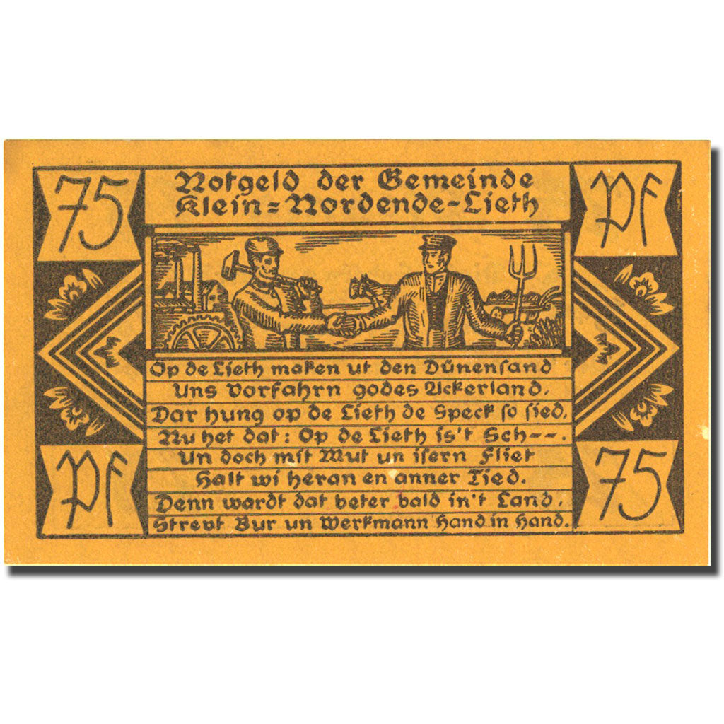 Banknote, Germany, Klein-Nordende-Lieth, 75 Pfennig 1921 AU(55-58) Mehl 706.1