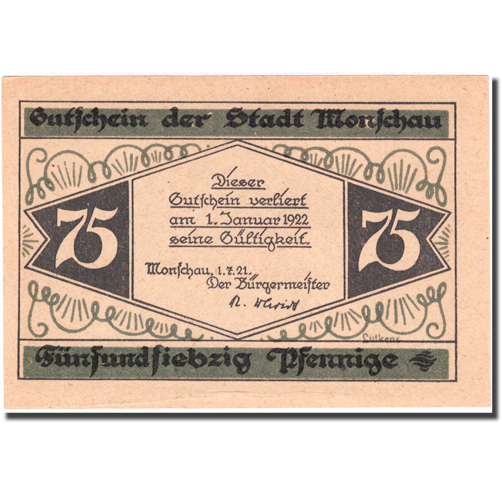 Banconote, Germania, Monschau, 75 Pfennig, ruine 1921-07-01, SPL Mehl 897.1