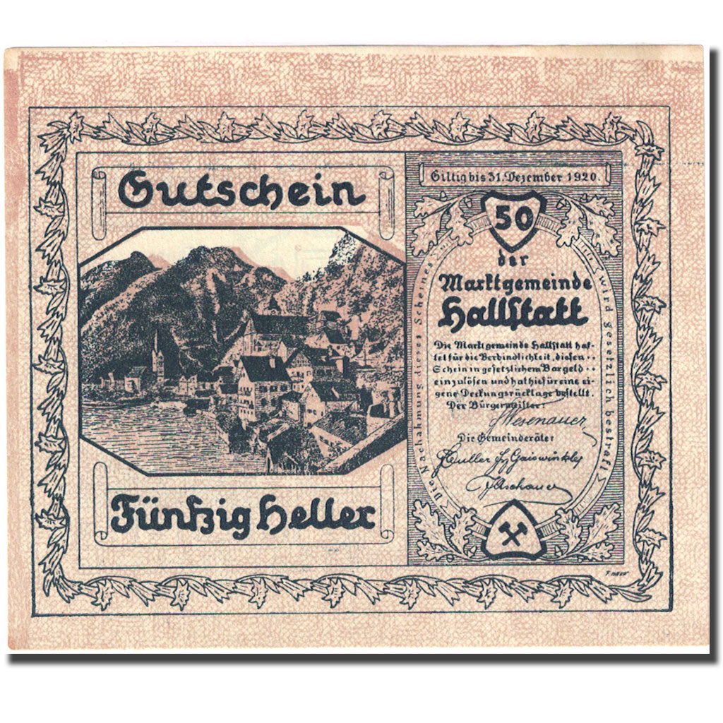 Banknote, Austria, Hallstatt, 50 Heller, montagne, 1920, 1920-12-31, EF(40-45)