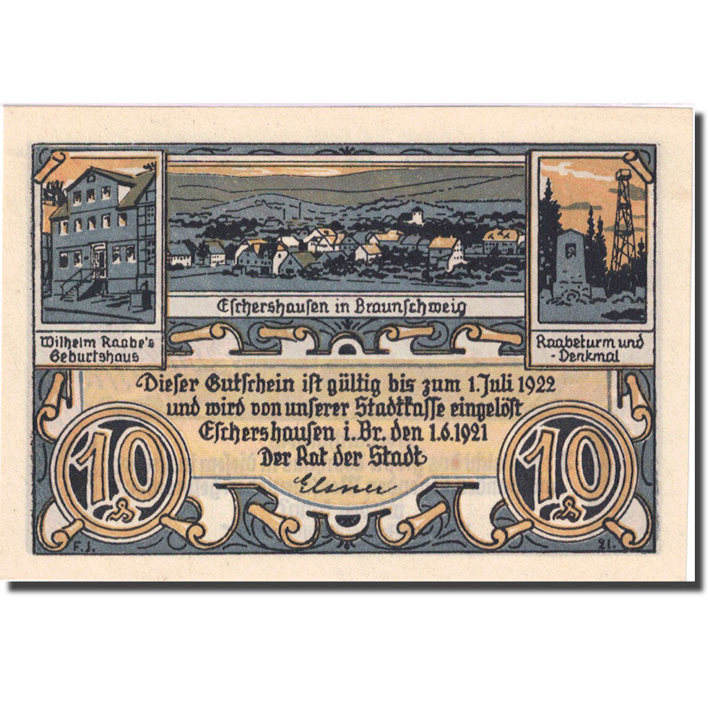 Banknote, Germany, Eschershausen, 10 Pfennig, personnage 1921 UNC(63) Mehl 351.1