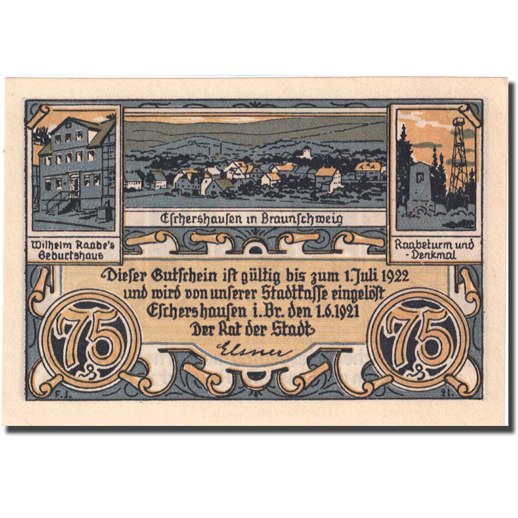 Banknote, Germany, Eschershausen, 75 Pfennig, Monument, 1921 UNC(63) Mehl 351.1