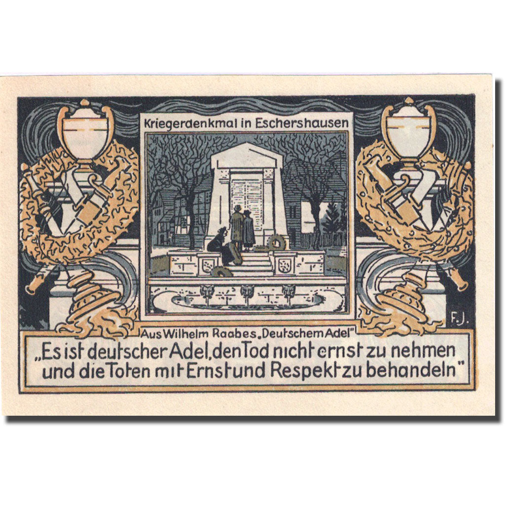 Banknote, Germany, Eschershausen, 75 Pfennig, Monument, 1921 UNC(63) Mehl 351.1