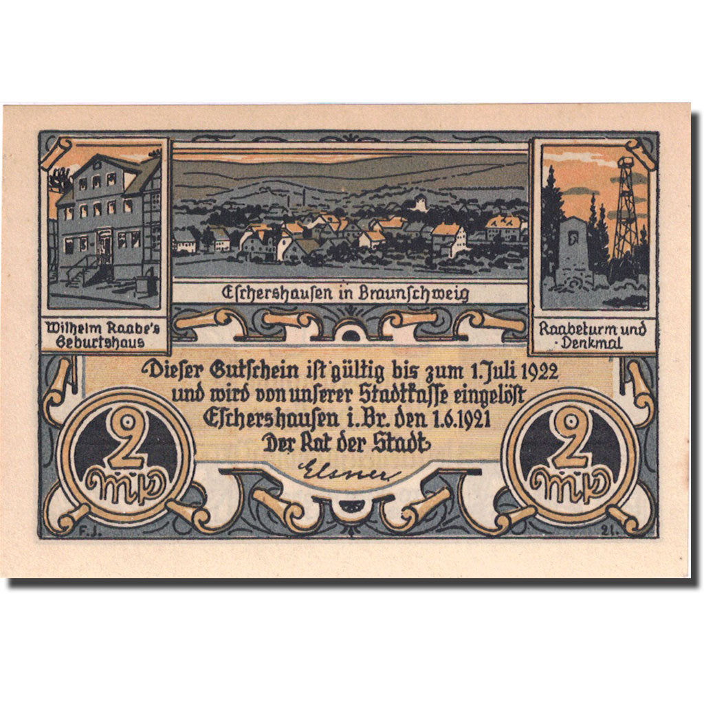 Banknote, Germany, Eschershausen, 2 Mark, personnage, 1921, UNC(63) Mehl 351.1