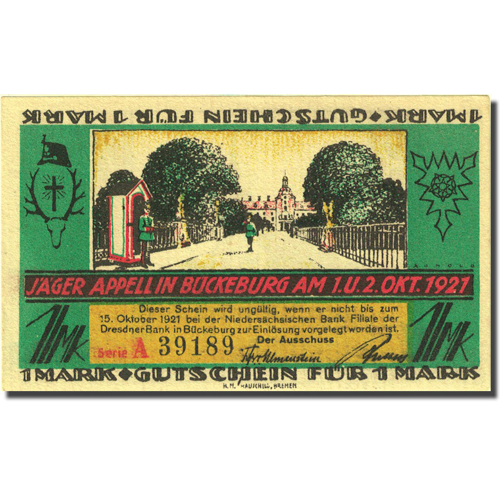 Banknote, Germany, Buckeburg, 1 Mark, mairie, 1921-10-02, UNC(63) Mehl 198.1
