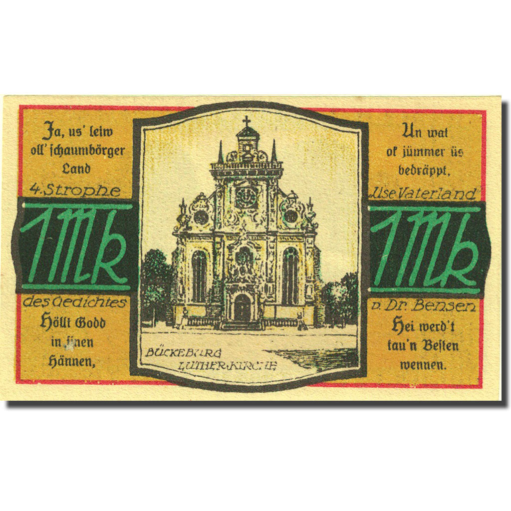 Banknote, Germany, Buckeburg, 1 Mark, Eglise, 1921 UNC(63) Mehl 198.1