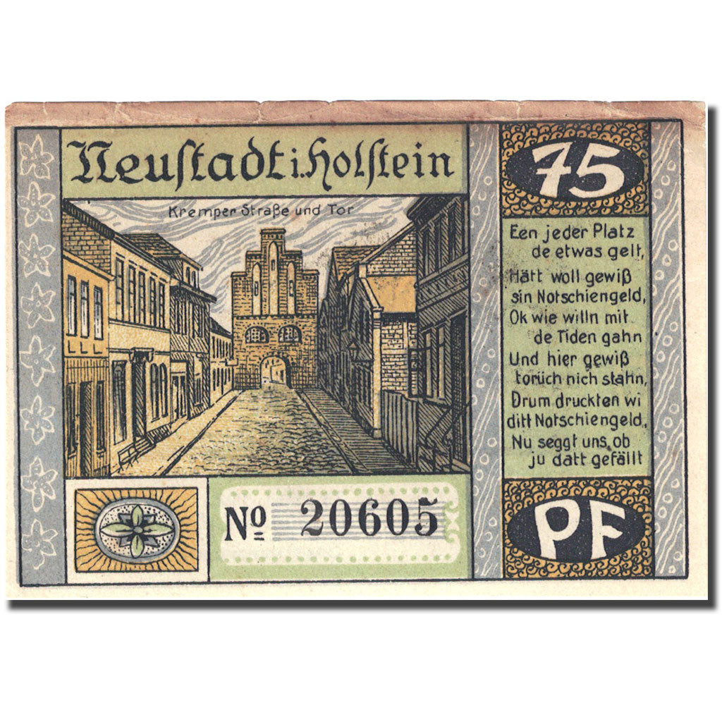 Banknote, Germany, Holstein, 75 Pfennig, Incendie, 1921 EF(40-45) Mehl 963.1b