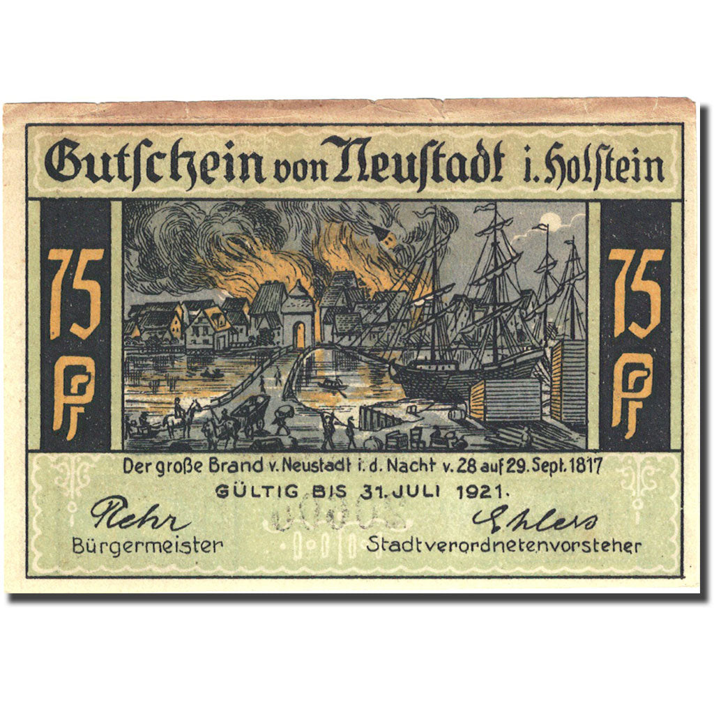 Banknote, Germany, Holstein, 75 Pfennig, Incendie, 1921 EF(40-45) Mehl 963.1b