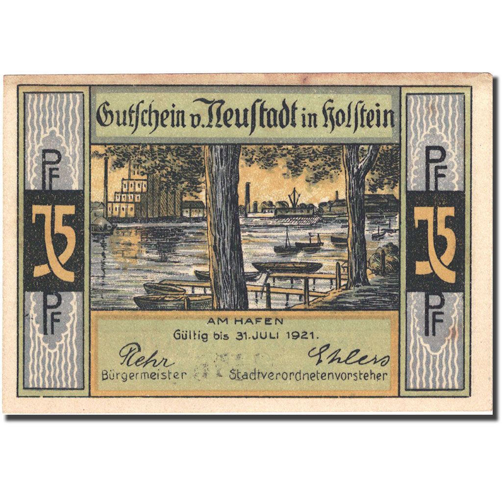 Banknote, Germany, Holstein, 75 Pfennig, bateau, 1921 AU(55-58) Mehl 963.1b