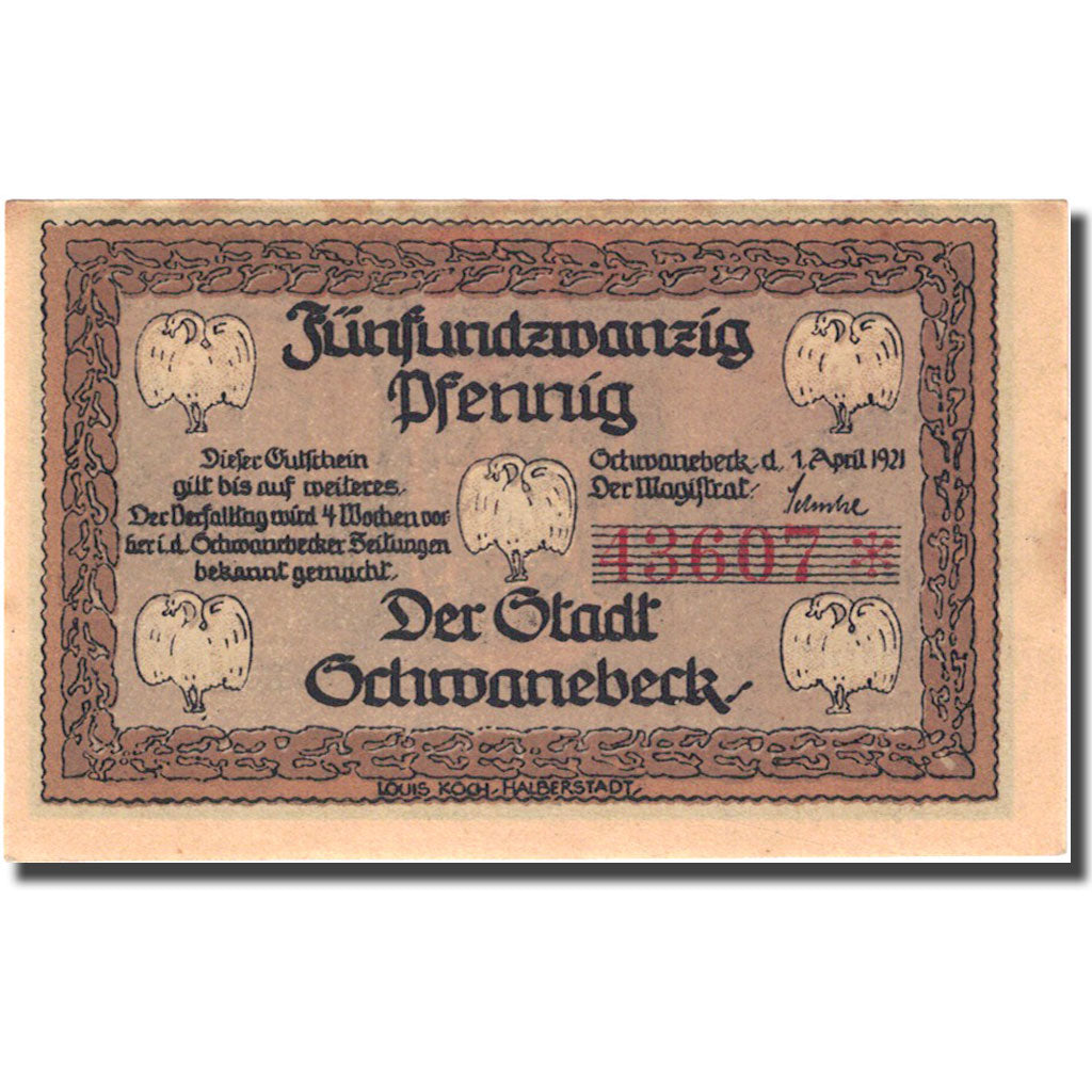 Banknote, Germany, Schwanebeck, 25 Pfennig, Blason, 1921 UNC(63) Mehl 1206.1