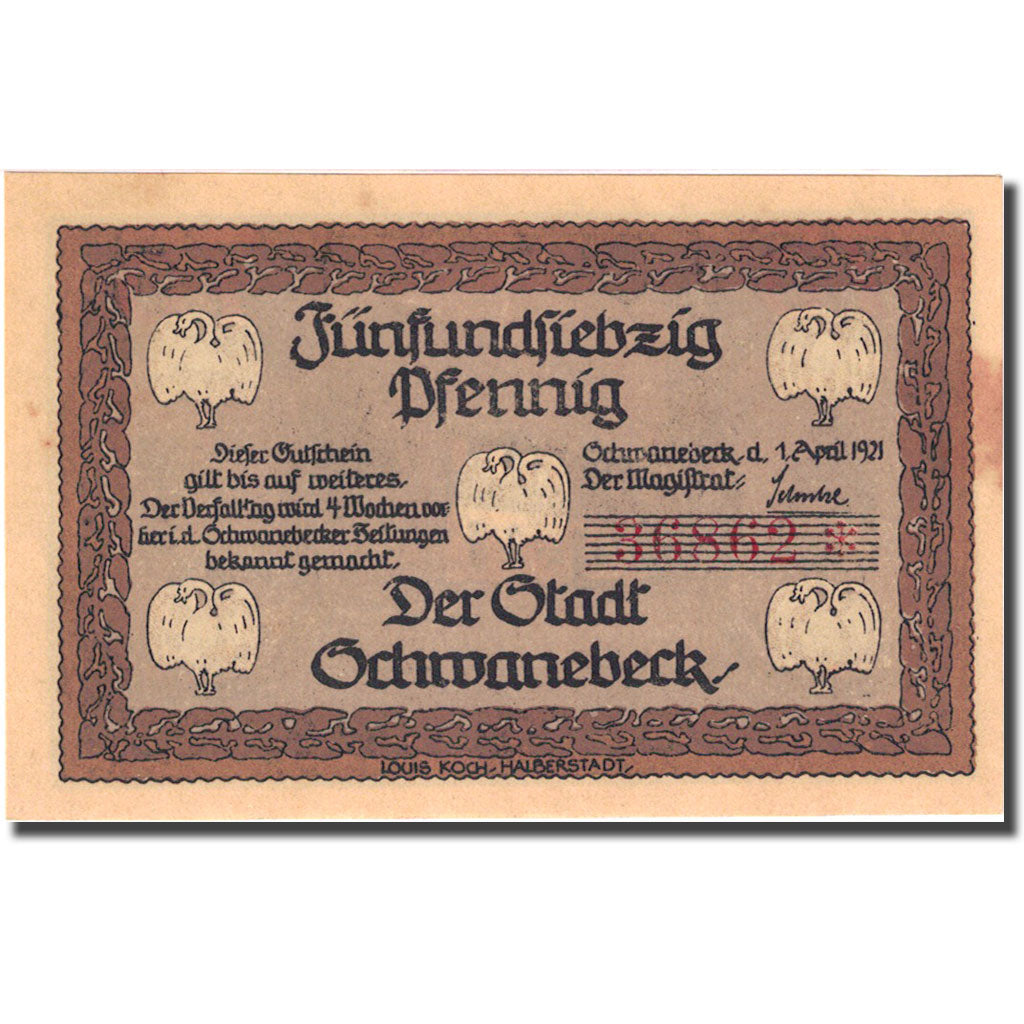 Banconote, Germania, Schwanebeck, 75 Pfennig, ferme, 1921, SPL- Mehl 1206.1
