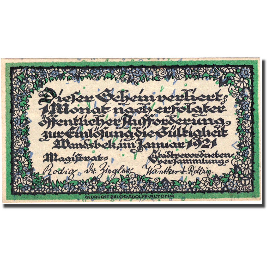 Banknote, Germany, Wandsbek, 50 Pfennig, Blason, 1921, AU(55-58), Mehl:W8.5b