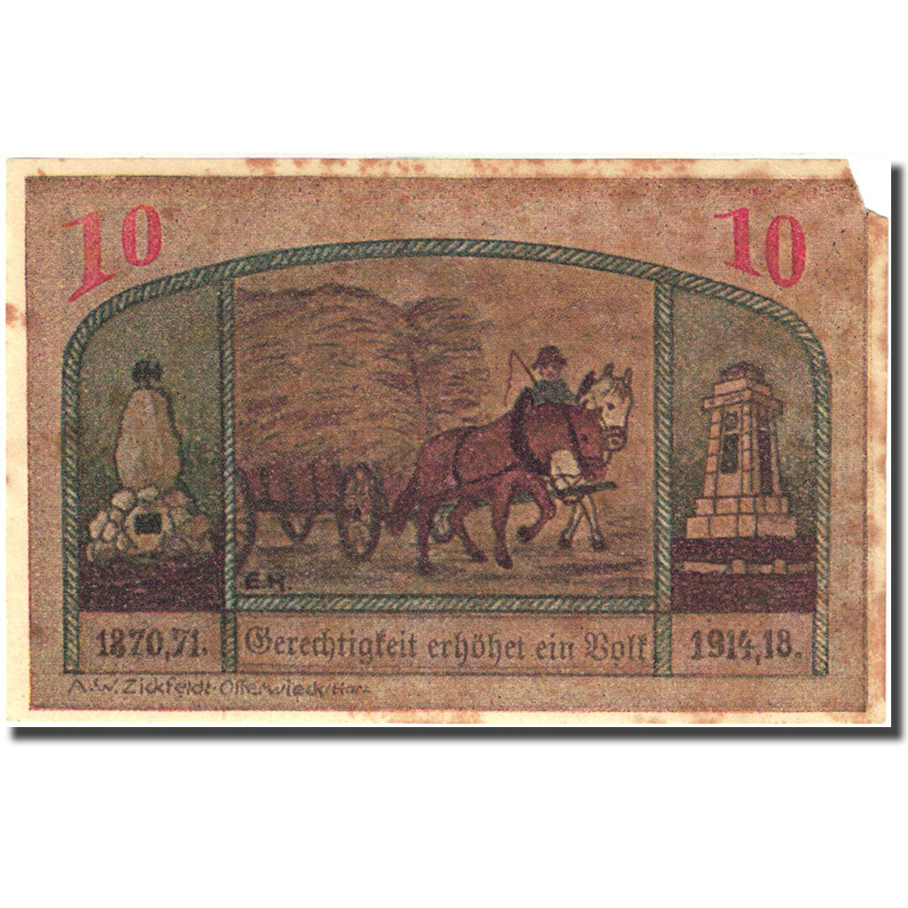 Banknote, Germany, Wasserleben, 10 Pfennig, Monument, 1921 VF(20-25) Mehl 1383.1