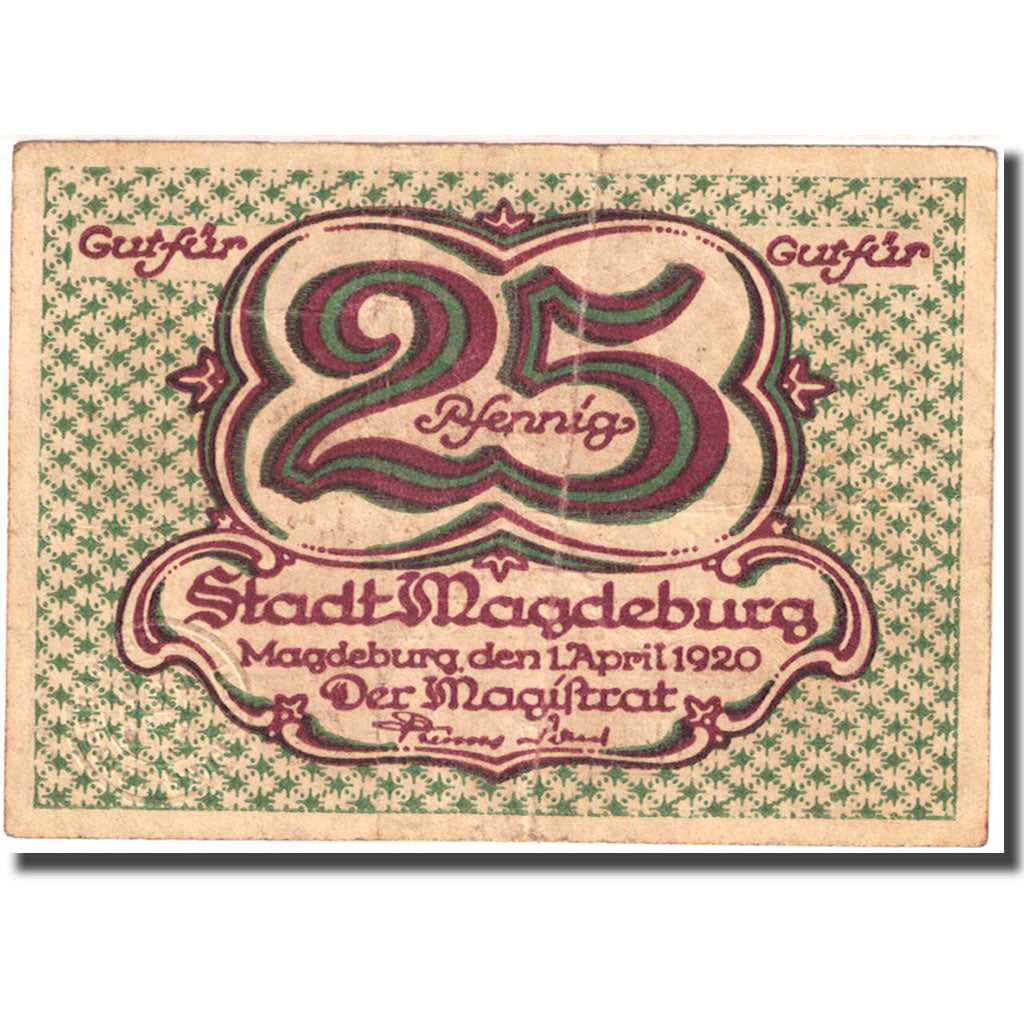 Banknote, Germany, Magdeburg, 25 Pfennig, château, 1920 VF(20-25) Mehl M2.6b