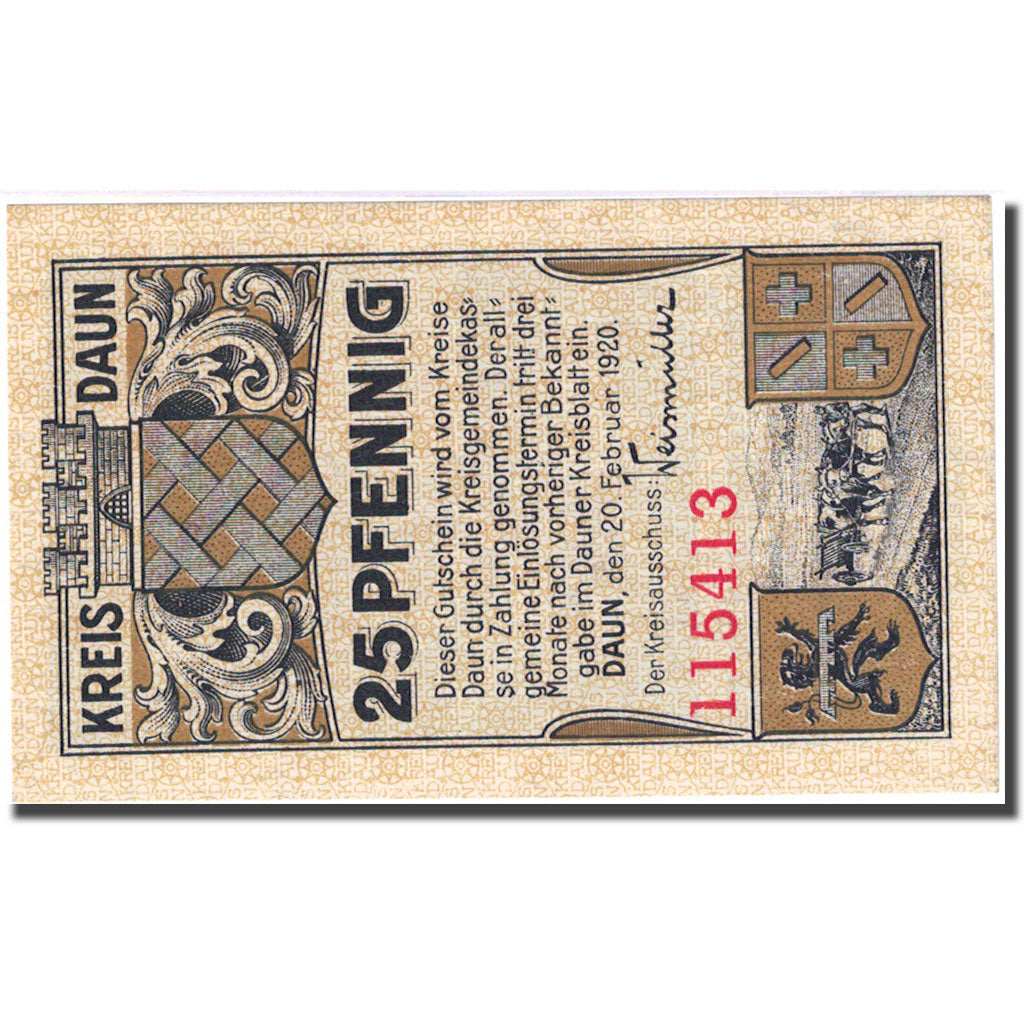 Banknote, Germany, Kreis Daun, 25 Pfennig, montagne, 1920 UNC(63) Mehl D7.1a