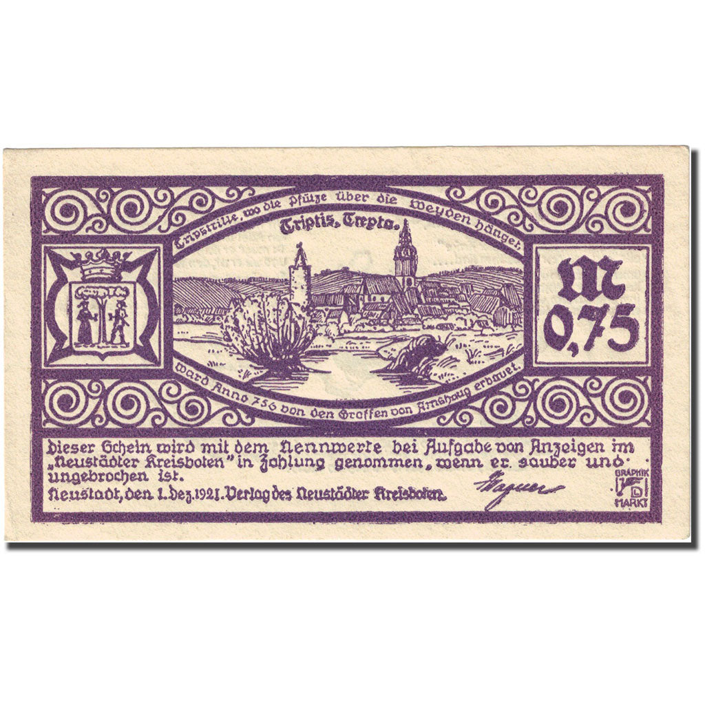 Banknote, Germany, Neustadt, 0.75 Mark, village 1921-12-01, UNC(63) Mehl 964.4
