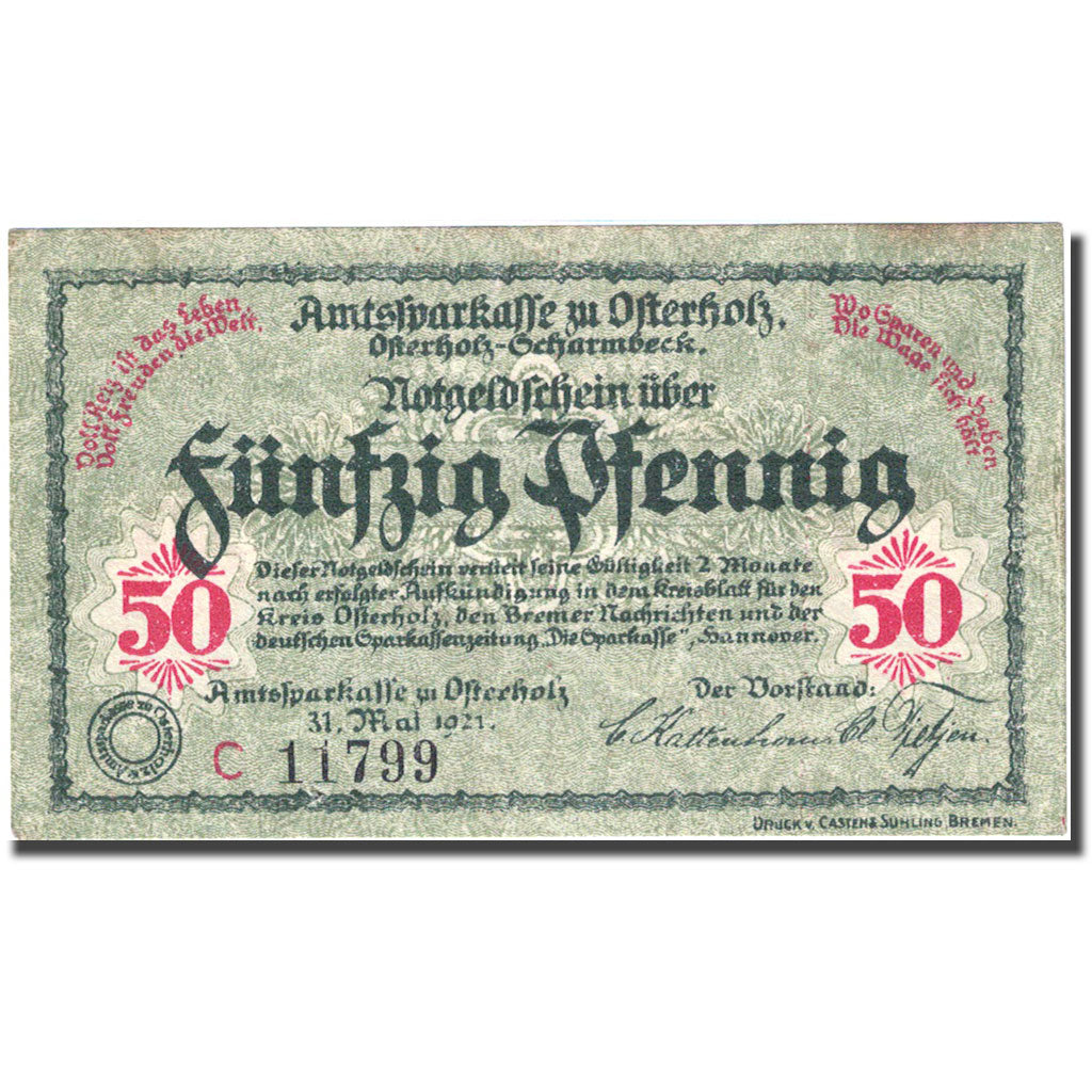 Banknote, Germany, Osterholz, 50 Pfennig, Monument, 1921 AU(55-58) Mehl O29.5b