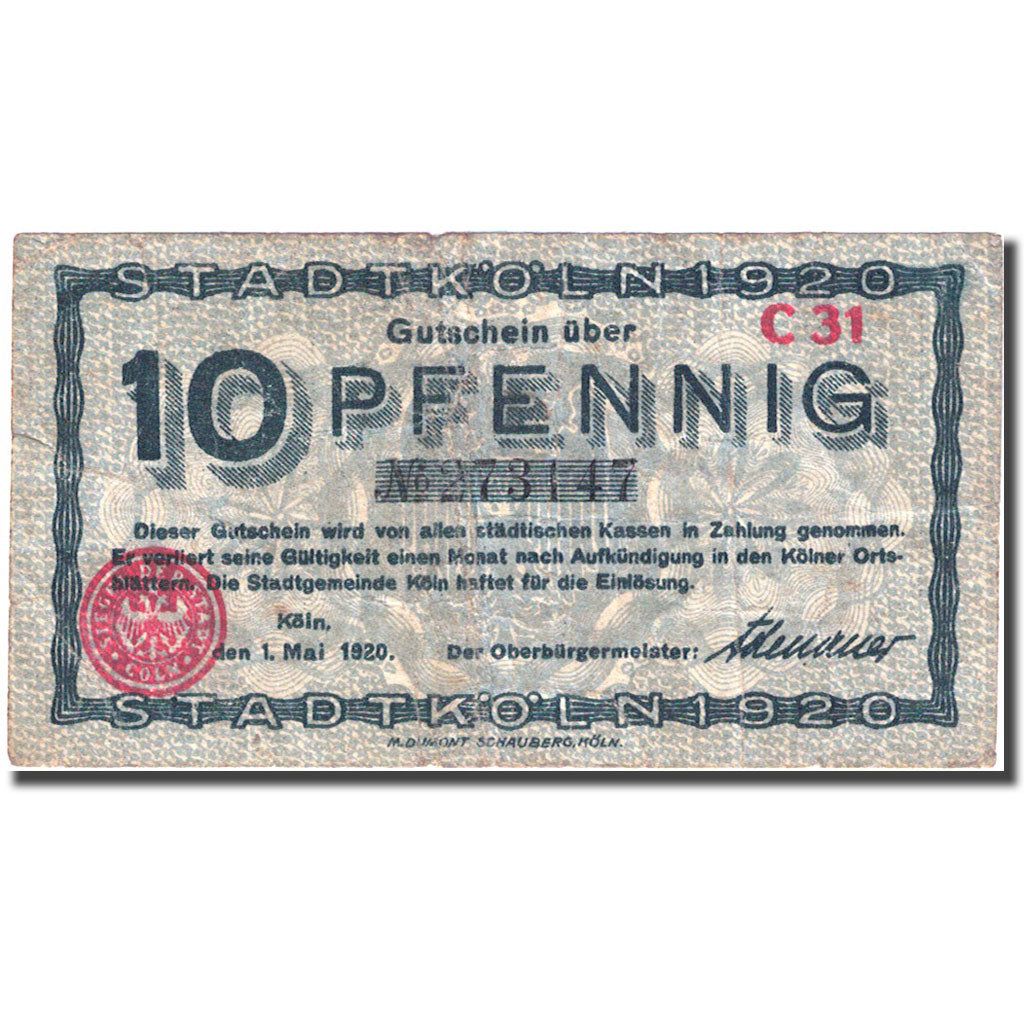 Banknote, Germany, Köln, 10 Pfennig, Monument 1920-05-01, VF(20-25) Mehl K30.9a
